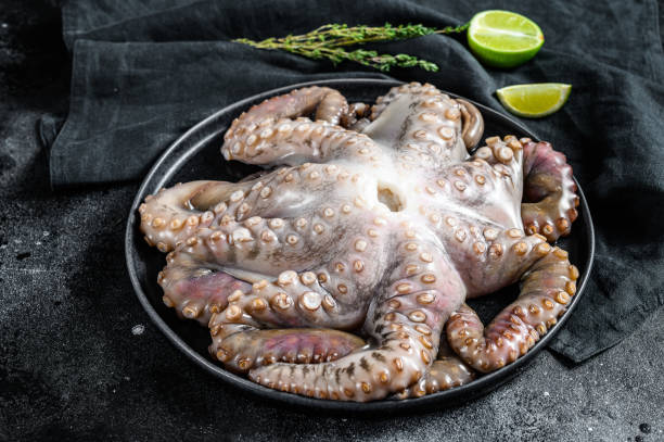istock Fresh octopus with cooking ingredients, lime, thyme, chili pepper. Black background. Top view. 1299955410