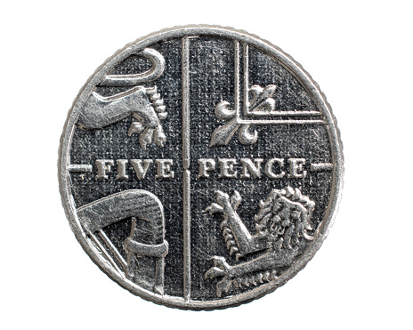 5 pence coin on a white isolated background