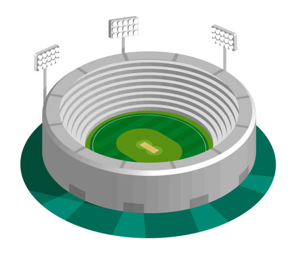 illustrazioni stock, clip art, cartoni animati e icone di tendenza di campo da cricket verde in vista isometrica con tribuna spettatore allo stadio sportivo. campo da cricket all'aperto. campo sportivo per la ricreazione attiva. vettore - spectator