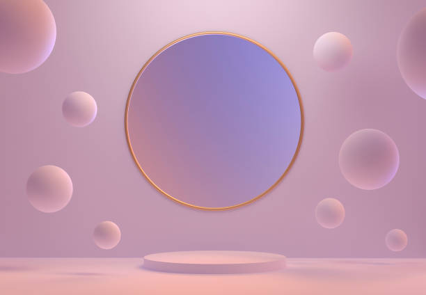 escena redonda abstracta en color rosa. podio para la presentación del producto. un pedestal con globos geométricos. renderizado 3d - round mirror fotografías e imágenes de stock