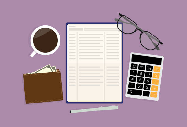 Bank book,  pen, glasses, calculator, coffee cup, and a wallet on the table Passbook, Financial, Banking, Bank account, Saving budget illustrations stock illustrations