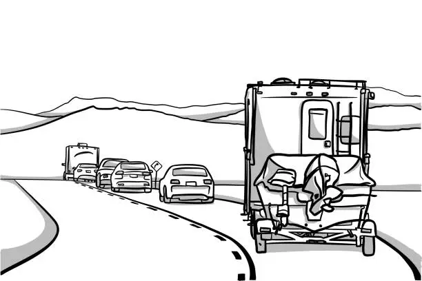 Vector illustration of RV And Boat Going Out Of Town Traffic