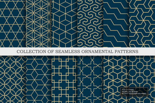 Collection of seamless ornamental vector patterns - geometric blue trendy design. Grid mosaic textures. You can find repeatable backgrounds in swatches panel Collection of seamless ornamental vector patterns - geometric blue trendy design. Grid mosaic textures. You can find repeatable backgrounds in swatches panel. art deco style stock illustrations