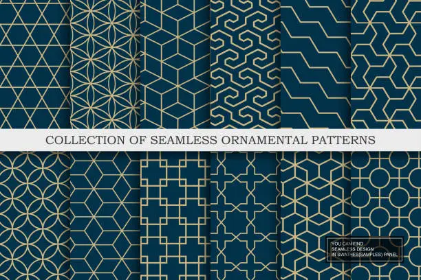 Vector illustration of Collection of seamless ornamental vector patterns - geometric blue trendy design. Grid mosaic textures. You can find repeatable backgrounds in swatches panel