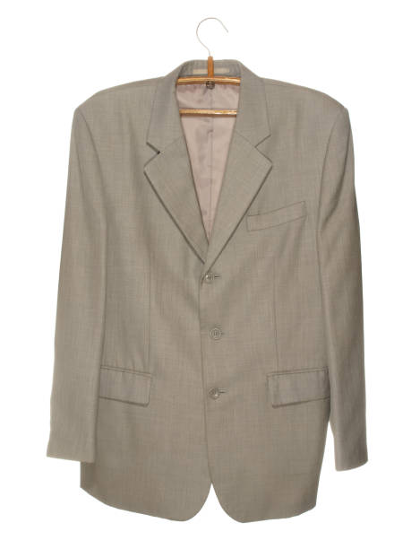 istock Gray jacket on a wooden hanger with a metal hook isolated on a white background. 1299961925