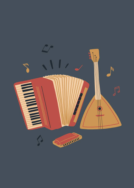 Vector music design with accordion, balalaika and harmonica. Cartoon doodle illustration for invitation, card, poster, print or flyer. Vector music design with accordion, balalaika and harmonica. Cartoon doodle illustration for invitation, card, poster, print or flyer. harmonica stock illustrations