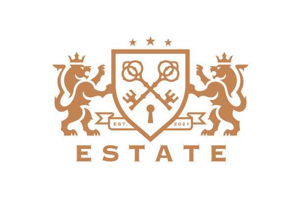 ilustrações de stock, clip art, desenhos animados e ícones de luxury lion key estate crest icon - real estate