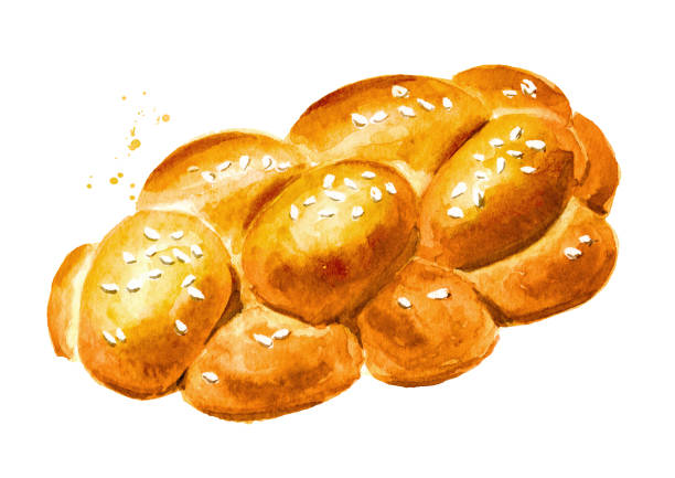 свежий домашний плетеный яичный хлеб или халла с кунжутом. нарисованная вручную акварелевая иллюстрация, изолированная на белом фоне - hanukkah loaf of bread food bread stock illustrations