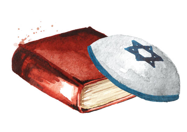 Thor Book and Kippah. Hand drawn watercolor illustration, isolated on white background