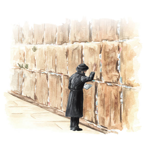 ilustrações de stock, clip art, desenhos animados e ícones de orthodox jew prays at the western or wailing or crying wall in jerusalem, israel. hand drawn watercolor illustration, isolated on white background - jerusalem stone illustrations