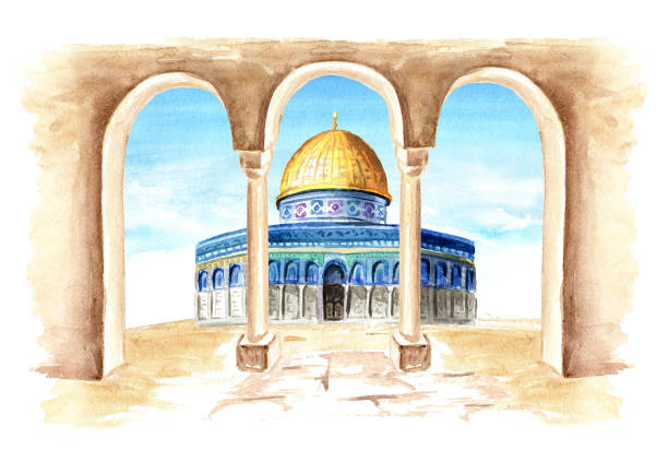 illustrazioni stock, clip art, cartoni animati e icone di tendenza di cupola di roccia o qubbatus sakhra nel complesso masjidil aqsa sul monte del tempio a gerusalemme, israele. illustrazione ad acquerello disegnata a mano - dome of the rock illustrations