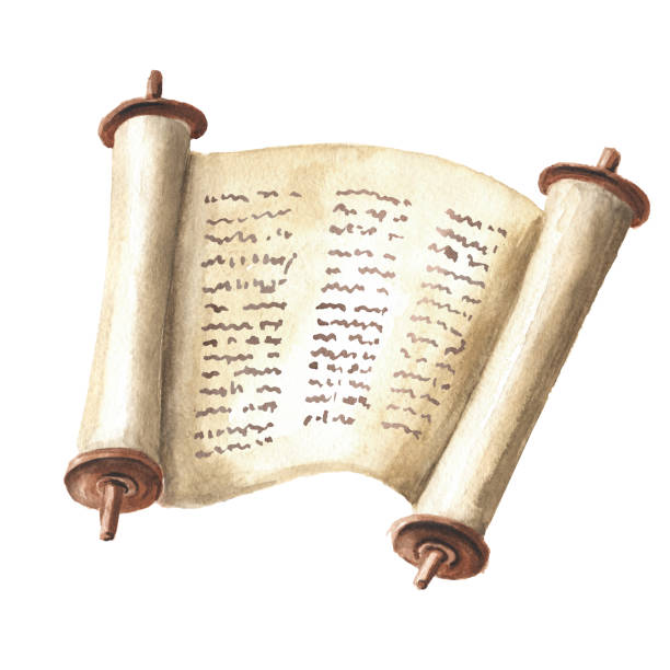 illustrations, cliparts, dessins animés et icônes de ouvrez le rouleau de la torah avec le texte de la bible, le pentateuque de moïse, la totalité de la loi religieuse traditionnelle juive. illustration dessinée à la main d’aquarelle, d’isolement sur le fond blanc - roman god illustrations