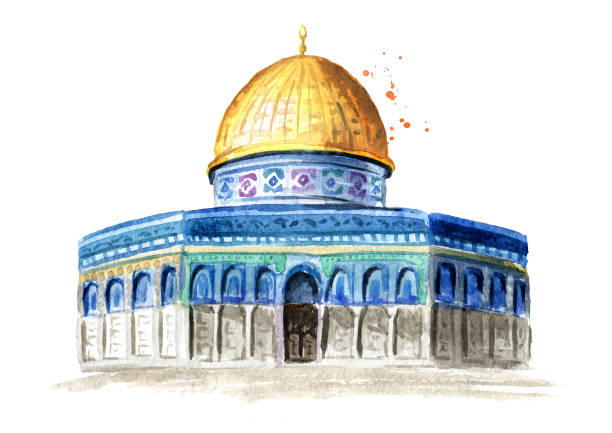 ilustrações de stock, clip art, desenhos animados e ícones de dome of rock or qubbatus sakhra in masjidil aqsa compound on the temple mount in jerusalem, israel. hand drawn watercolor illustration, isolated on white background - temple mound