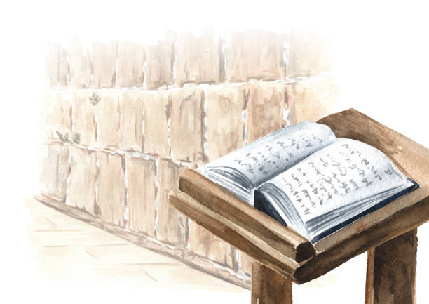 книга торы открыта на молитвенном столе на фоне западной стены в иерусалиме, израиль. нарисованная вручную акварелевая иллюстрация, изолир - west old israel wall stock illustrations