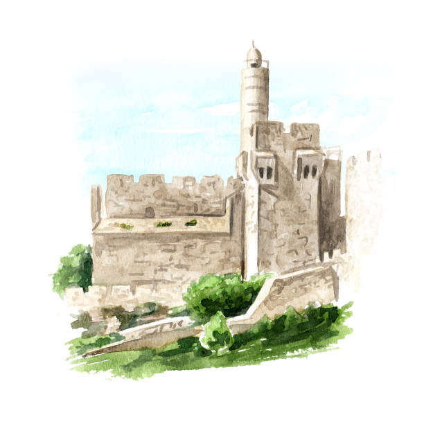 kudüs'teki david kulesi, i̇srail. el çizilmiş suluboya illüstrasyon, beyaz arka plan üzerinde izole - kudüs illüstrasyonlar stock illustrations