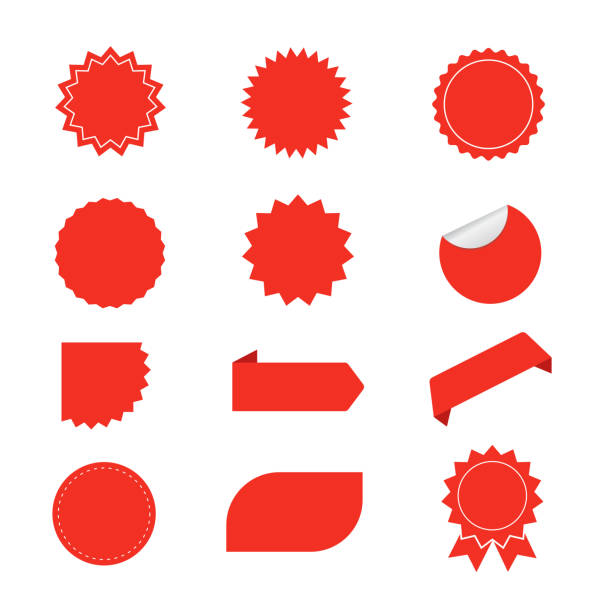 赤いスターバーストのセット。赤い空白のプロモーションステッカー。サンバーストバッジ、ラベル、セールタグ。デザイン要素。ベクトルの図 - stamps postage点のイラスト素材／クリップアート素材／マンガ素材／アイコン素材