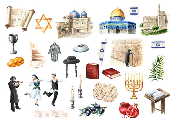 ilustraciones, imágenes clip art, dibujos animados e iconos de stock de bienvenidos al set de israel. sitios de interés, objetos, símbolos, colección de tradiciones. ilustración de acuarela dibujada a mano, aislada sobre fondo blanco - travel east jerusalem israel