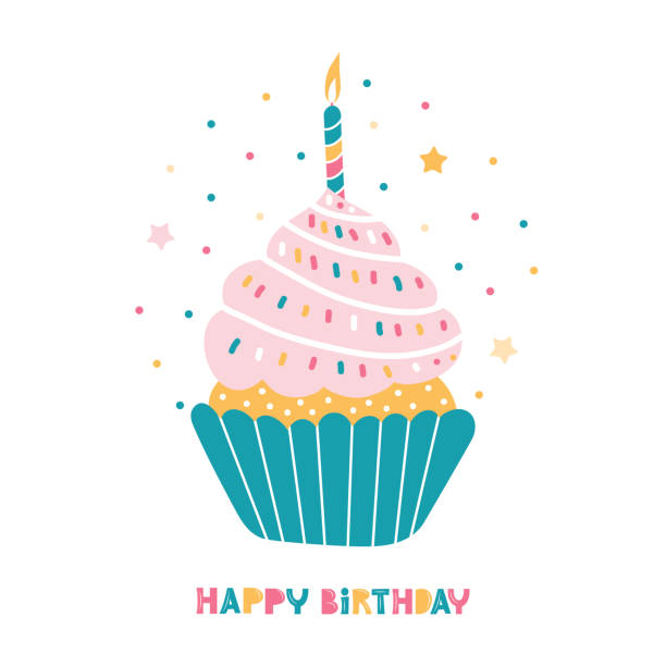 ilustraciones, imágenes clip art, dibujos animados e iconos de stock de pastel de cumpleaños con velas. el día del bebé un año. aniversario del niño. tarjeta de felicitación festiva. cupcake con crema sobre fondo blanco. ilustración dibujada a mano en el estilo escandinavo - cupcake