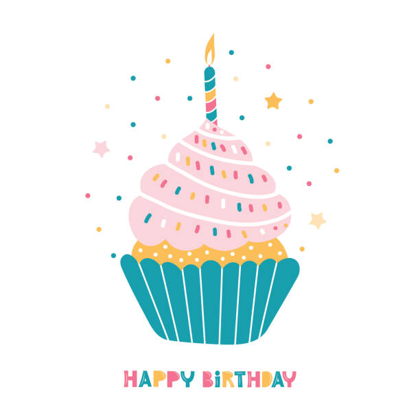 торт ко дню рождения со свечами. bday ребенка один год. годовщина ребенка. праздничная поздравительная открытка. кекс со сливками на белом фон - cupcake stock illustrations