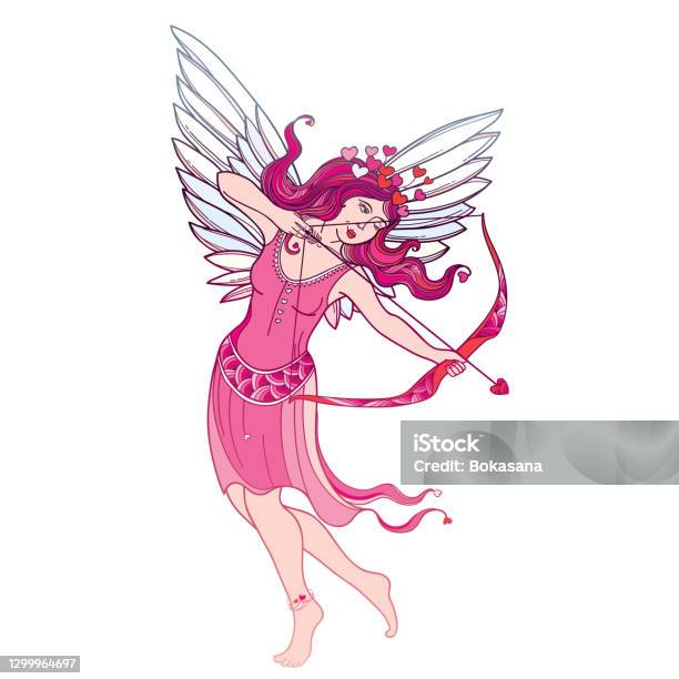 Vector Handdrawn Silhouette Of Outline Pink Cupid Girl With Bow And Arrow  Isolated On White Background Stock Illustration - Download Image Now -  iStock