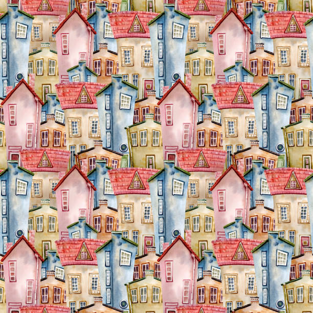 istock Seamless watercolor pattern with cute little houses. A fabulous multicolored city. Hand-drawn illustration. Design for textiles, wallpapers and wrappers 1299965057