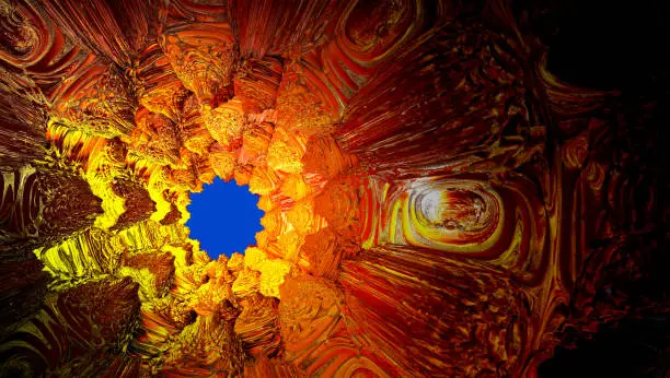 Photo of Blue hole in a circular three-dimensional fractal. 3d fractal graphic, part of a huge fractal, calculated with Mandelbulb 3D program, JPEG Grafik