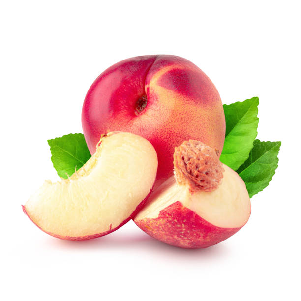 istock Ripe fresh Nectarine fruit and half Nectarine fruit isolated on white background. 1299965739
