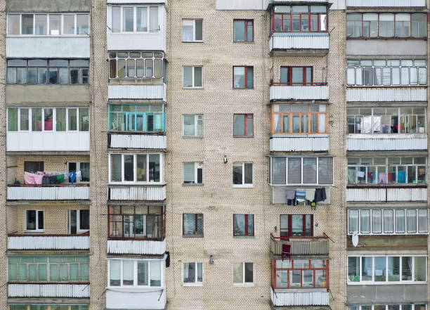 istock Facade of the panel building. Typical houses in the post-Soviet countries 1299966576