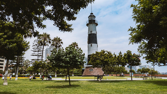 Panoramic view of Miraflores district lighthouse in Lima, Peru during the summer