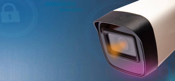 istock Security CCTV camra on office wall with digital illustrations 1299967433