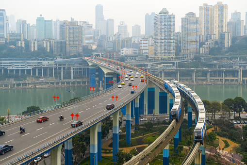 China Chongqing elevated light rail, modern city traffic perspective.