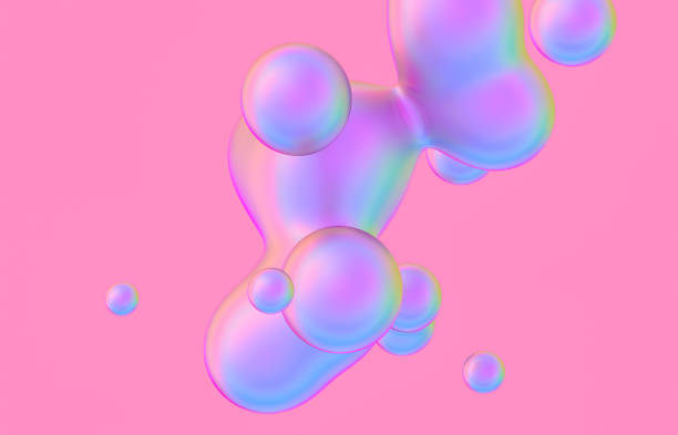 Abstract 3d art background. Holographic floating liquid blobs, soap bubbles, metaballs.