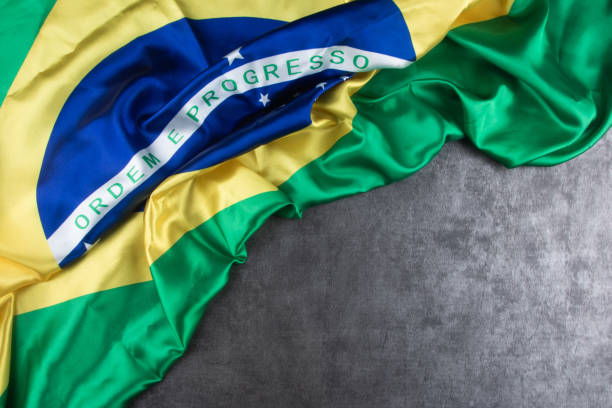istock Brazilian flag on gray background and copy space 1299968759