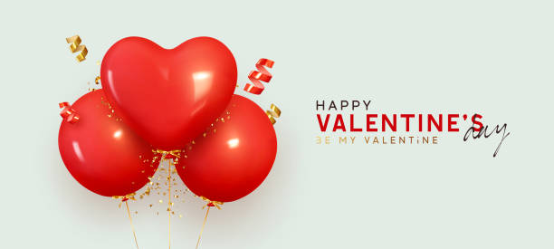 Valentine's Day. Red balloons fly helium round and hearts shape. Background with festive realistic 3d balloons with ribbon. Celebration design with baloon, gold glitter confetti. Vector illustration Valentine's Day. Red balloons fly helium round and hearts shape. Background with festive realistic 3d balloons with ribbon. Celebration design with baloon, gold glitter confetti. Vector illustration happ stock illustrations