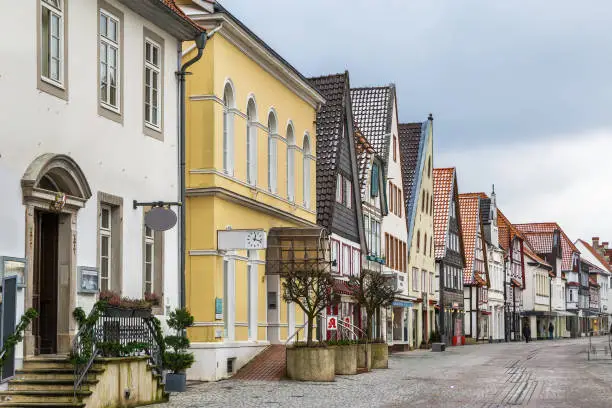 Street with decorative historical houses in Lemgo city center, Germany