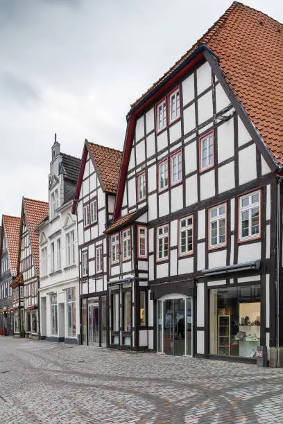 Street with decorative historical houses in Lemgo city center, Germany