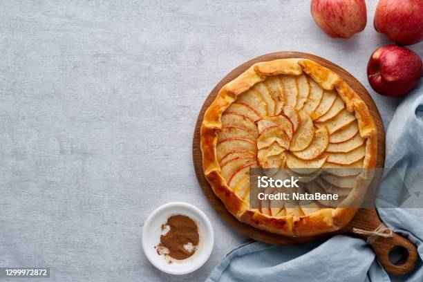 Apple Pie Galette With Fruits Sweet Pastries On Gray Backdrop Sweet Crostata Copy Space Top View Stock Photo - Download Image Now