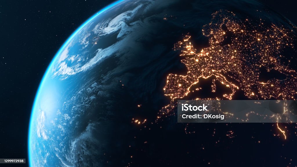 Planet Earth At Night - City Lights of Europe Glowing In The Dark High quality 3D rendered image, made from ultra high res 20k textures by NASA: https://visibleearth.nasa.gov/images/55167/earths-city-lights,
https://visibleearth.nasa.gov/images/73934/topography,
https://visibleearth.nasa.gov/images/57747/blue-marble-clouds/77558l Europe Stock Photo