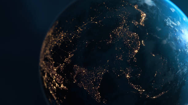 Asia seen from space. High quality 3D rendered image, made from ultra high res 20k textures by NASA:\nhttps://visibleearth.nasa.gov/images/55167/earths-city-lights,\nhttps://visibleearth.nasa.gov/images/73934/topography,\nhttps://visibleearth.nasa.gov/images/57747/blue-marble-clouds/77558l