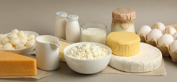 Different fresh dairy products on gray background