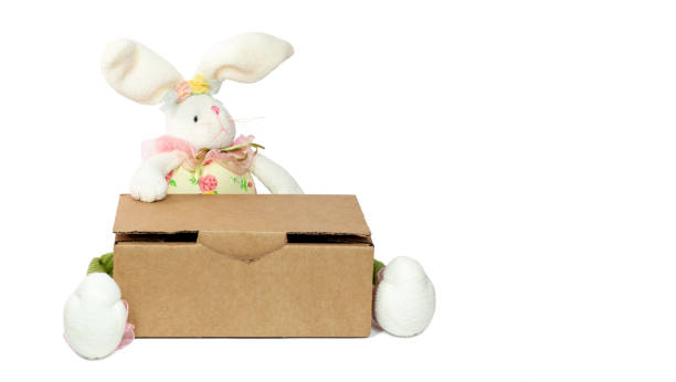istock Easter rabbit with shipping carton, delivery packaging box isolated on white background. Easter online mail shopping sale. Copy space, front view. 1299974049