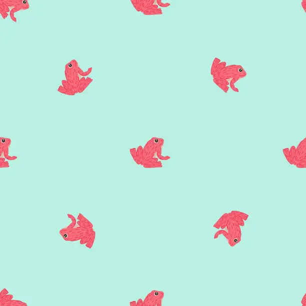 Vector illustration of Minimalistic style seamless pattern with doodle pink simple frog silhouettes. Light blue background.