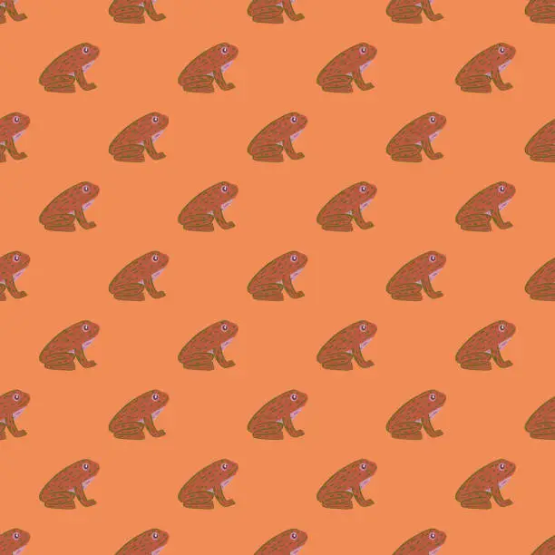 Vector illustration of Decorative seamless pattern with amphibian frog silhouettes. Pastel coral background. Kids print.