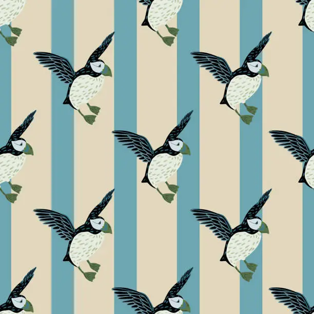 Vector illustration of Ornithology seamless pattern with doodle simple hand drawn puffin silhouettes. Striped beige and blue background.