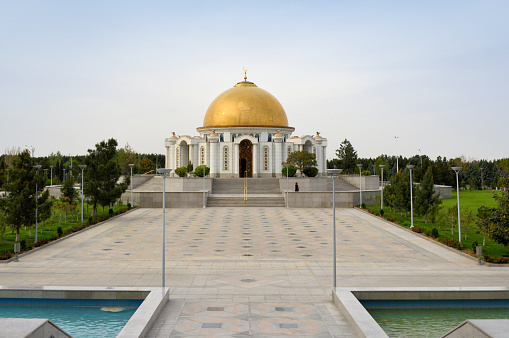 Gypjak, Ashgabat, Turkmenistan: Saparmurat Niyazov tomb at the Turkmenbashi Ruhy Mosque / Kipchak Mosque. General secretary of the Communist Party of the RSS of Turkmenistan from 1985 to 1991, Chairman of the Supreme Soviet of RSS of Turkmenistan in 1990 and president independent Turkmenistan from 1991 to his death in 2006. Inside  there are five sarcophagi. Four in the corners - they contain the mother and father of Niyazov, as well as two brothers who died during the 1948 earthquake. In the center lies the sarcophagus for the Turkmenbashi.