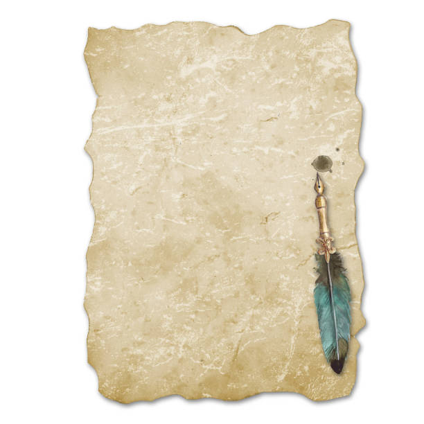 Vintage style fountain feathers pen with sheet of old aged yellow brown faded paper Vintage style fountain feathers pen with sheet of old aged yellow brown faded paper isolated on white background. Watercolor hand drawn old-fashioned illustration. Space for text. ancient writing tool stock illustrations