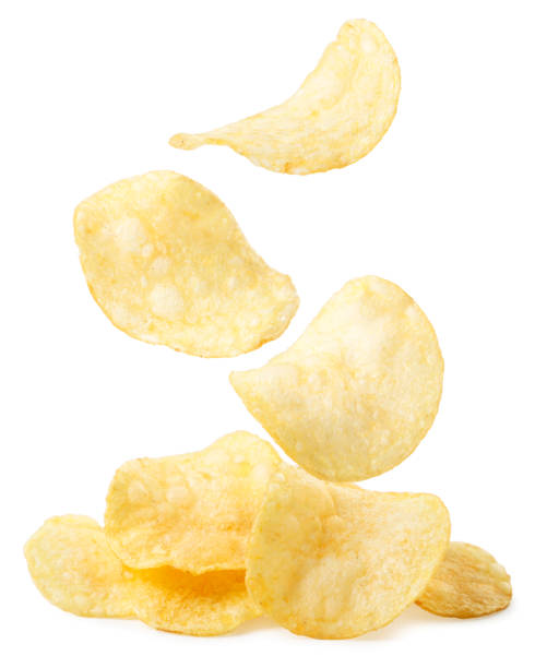 istock Potato chips are falling on a heap on a white background. Isolated 1299978269