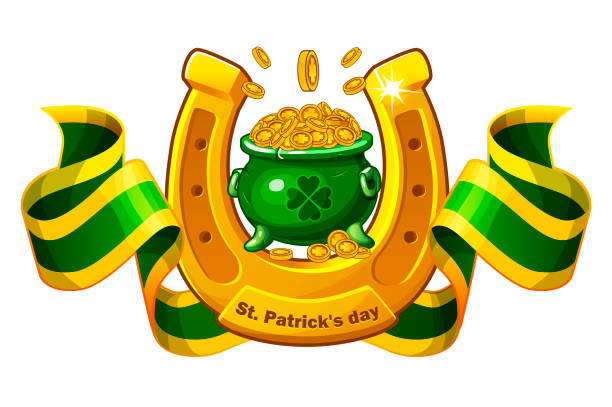 vektor st. patricks day banner mit grünen topf von münzen. - irish culture st patricks day backgrounds good luck charm stock-grafiken, -clipart, -cartoons und -symbole