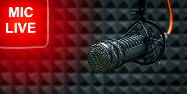 istock Professional microphone in radio station studio 1299980633
