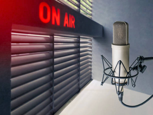 istock Professional microphone in radio station studio 1299980795